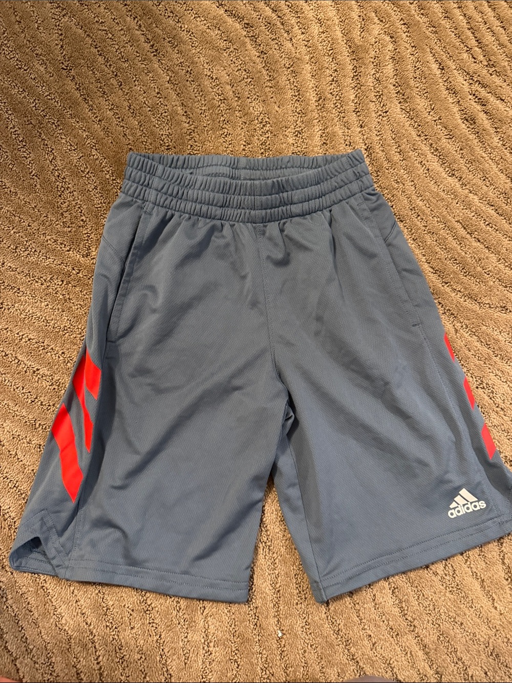 Adidas Boys Blue Athletic Shorts with Red Side Stripes